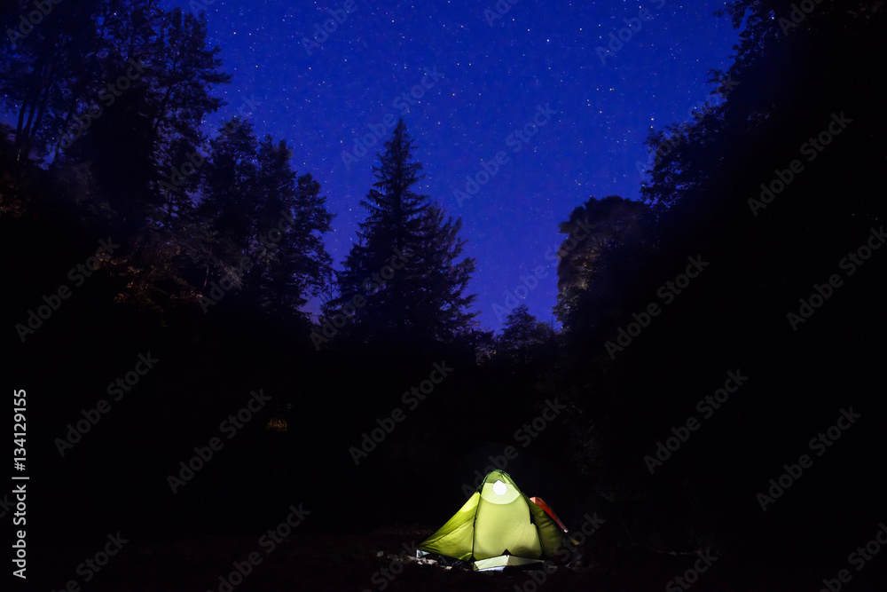 Illuminated tent at night in the forest