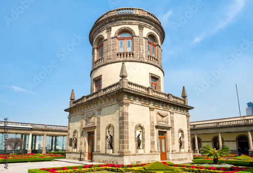 Beautiful gardens and tower on top of Chapultepec Castle in Mexico City photo