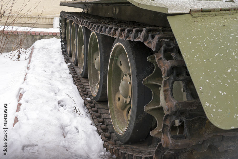 Wheel and truck of old military armored tank