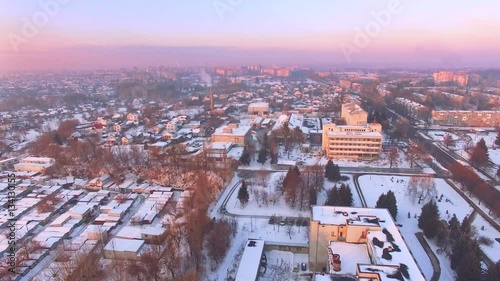 Aerial beautiful evening sky in winter city
