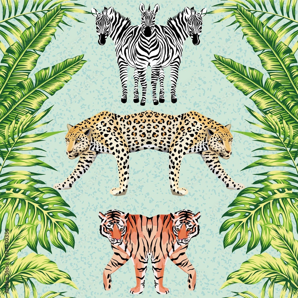Obraz premium zebra panther tiger mirror green leaves blue background pattern