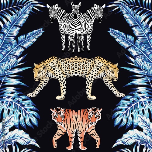 zebra panther tiger mirror blue leaves black background pattern