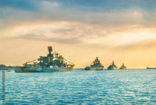Military navy ships in a sea bay