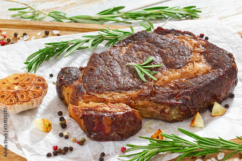 hot beef ribeye meat juicy steak, close-up photo