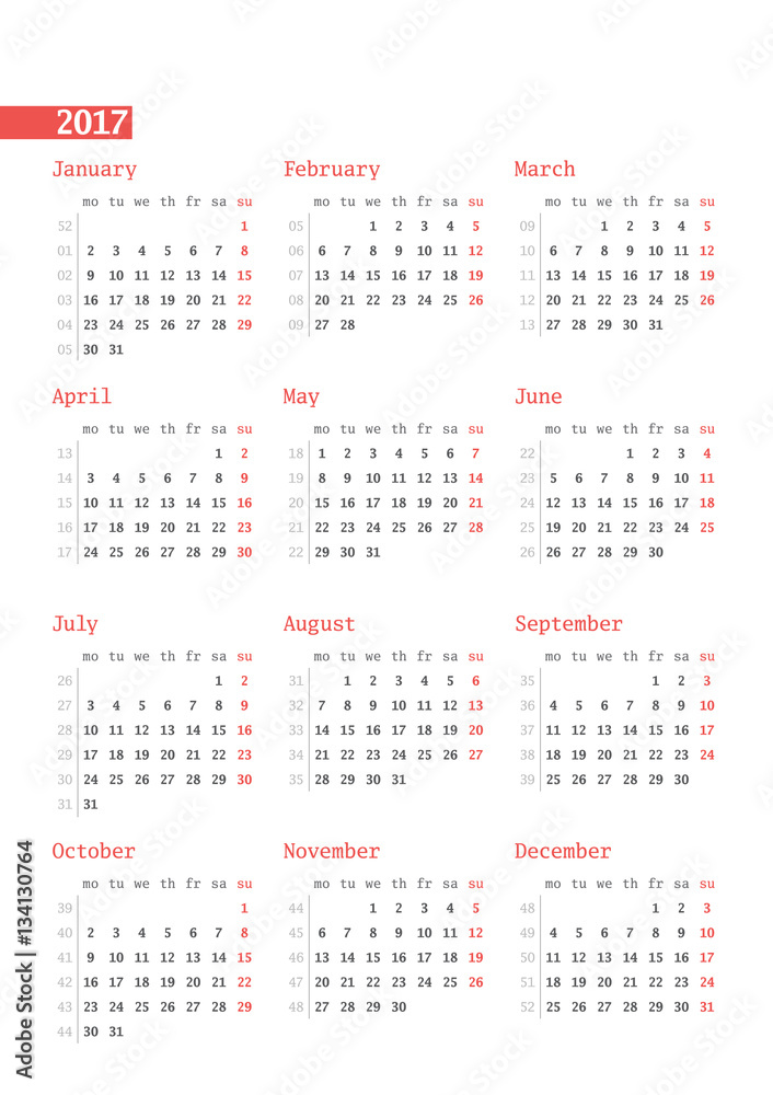 Calendar for 2017 year with week numbers on white background. Vector design print template. Week starts Monday. Stationery design Calendar for 2017 year with week numbers on white background. Vector design print template. Week starts Monday. Stationery design