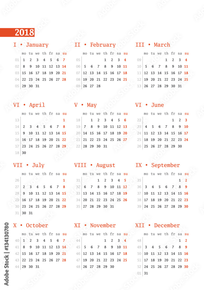 Calendar for 2018 year with week numbers on white background. Vector design print template. Week starts Monday. Stationery design Calendar for 2018 year with week numbers on white background. Vector design print template. Week starts Monday. Stationery design