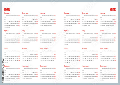 Calendar for 2017 and 2018 year on white background. Vector design print template. Week starts Monday. Stationery design