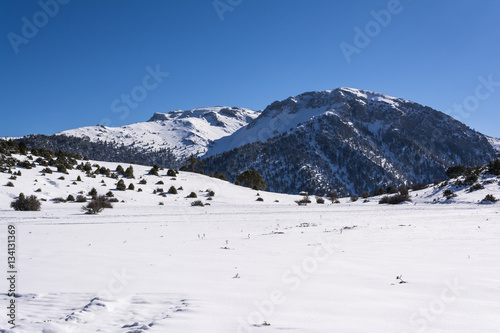 Ziria mountain covered with snow on a winter day, South Peloponnese, Greece