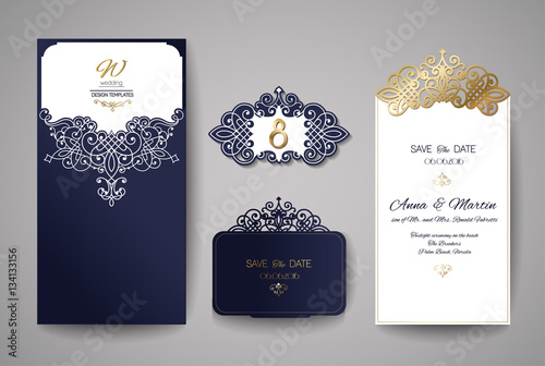 Wedding invitation or greeting card with gold floral ornament. Wedding invitation envelope for laser cutting. Vector illustration.