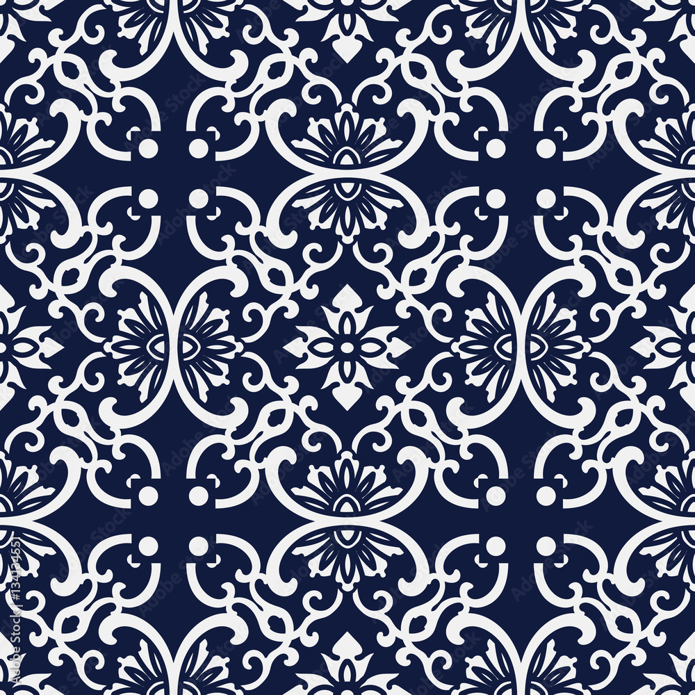 Fototapeta premium Seamless Blue Japanese Background Round Curve Cross Frame Flower