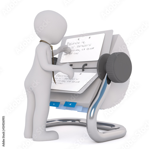 3D man reading notes in rolodex photo