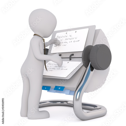 3D man reading notes in rolodex