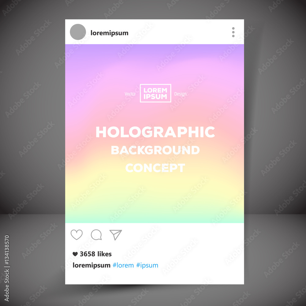Holographic retro photo frame template with typography. Social network post .