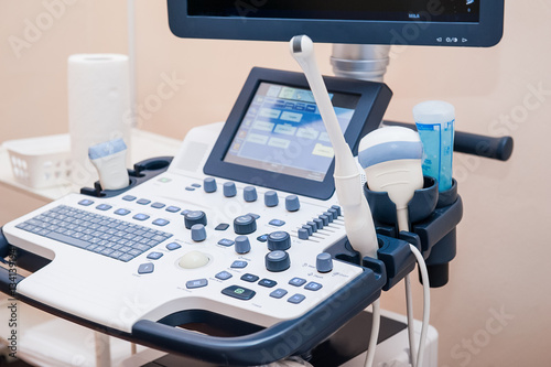 Medical equipment background, close-up ultrasound machine. Selective focus