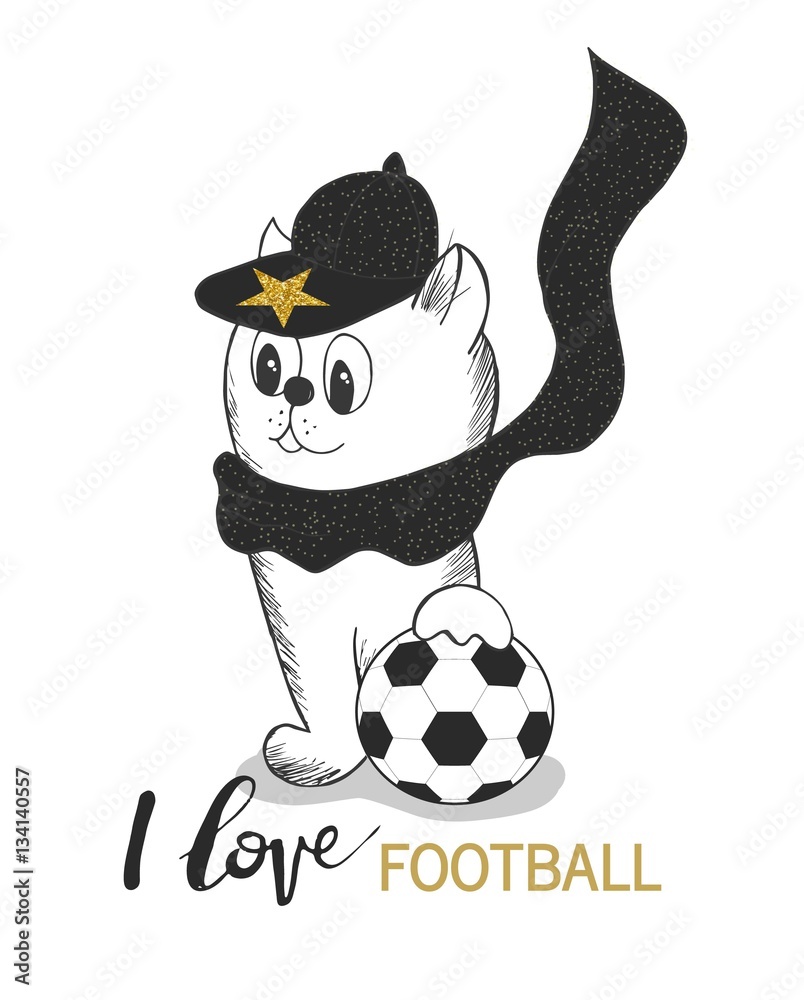 Naklejka premium Vector illustration of cute Kitten in cap and soccer ball isolated on white background