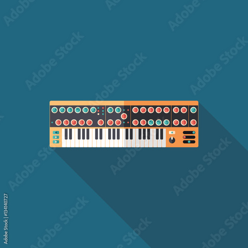 Studio synthesizer flat square icon with long shadows.