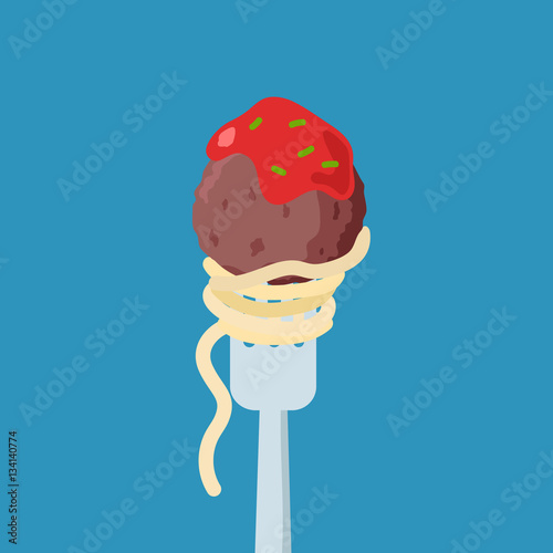 Meatball on fork with spaghetti, tomato sauce and herbs