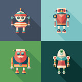 Happy robots flat square icons with long shadows. Set 1