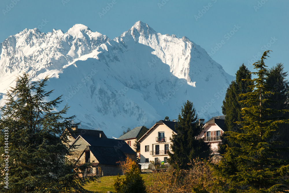 French pyrenees. View of the village of Arrens, in the snowy mountains of the French Pyrenees.