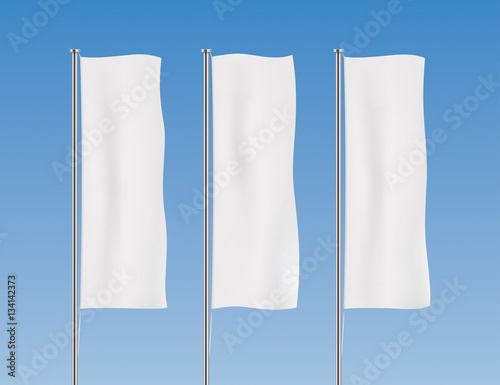 White banner flag vector templates. Row of vertical flags on a blue sky background. Advertising flags realistic mockup.