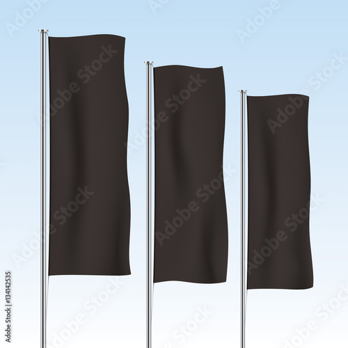 Black banner flag vector templates. Perspective row of vertical flags on a blue sky background. Advertising flags realistic mockup.