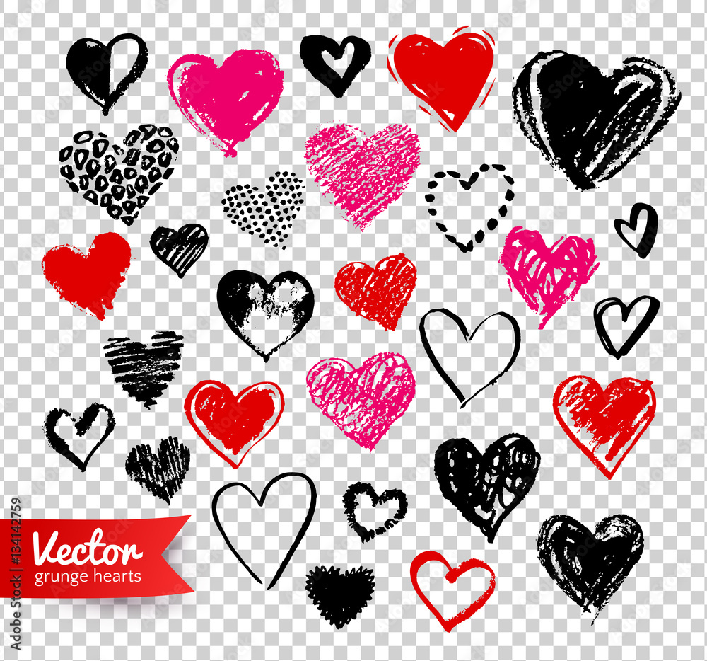 Grunge Valentine hearts on transparency background