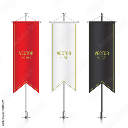 Set of vector banner flag templates hanging on a silver metallic poles. Red, white and black gothic vertical flag mockups, isolated on a white background.