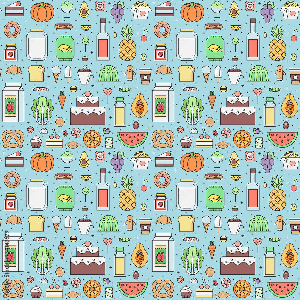 Food and drinks (grocery shop) outline seamless vector pattern. Food and drinks (grocery shop) outline seamless vector pattern.