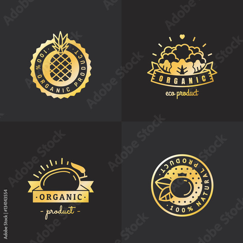 Organic food gold logo vintage vector set. Part three.