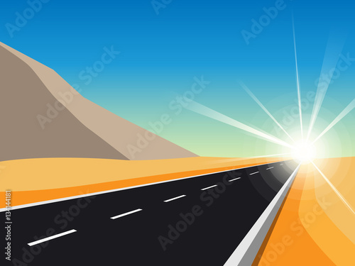 Sunrise Road to Infinity. Landscape with Highway and mountains. Vector EPS 10