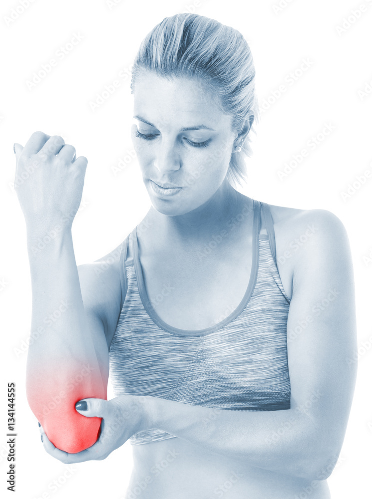 Elbow pain in human hand. Woman holding hand to spot of elbow ac Stock