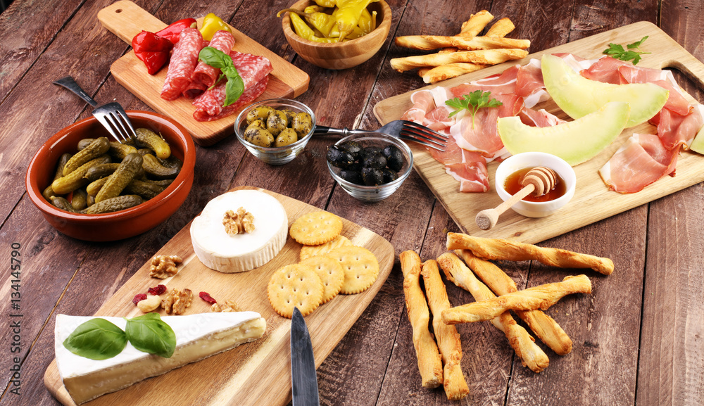 Italian antipasti wine snacks set. Cheese variety, Mediterranean Italian antipasti wine snacks set. Cheese variety, Mediterranean