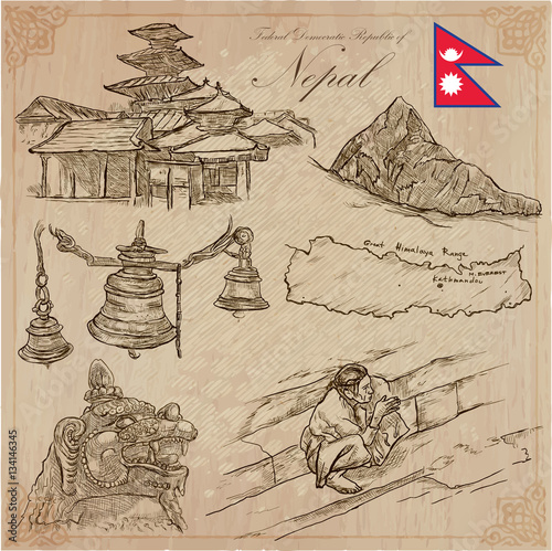 Nepal - Pictures of life. Travel pack. Vector collection. Hand drawings. Set of freehand sketches.