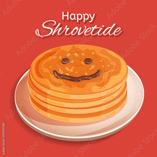 Shrovetide festive design. Pancake week. A stack of pancakes on a plate. Smiley face drawn with chocolate topping. Vector illustration. Usable for design greeting card, banner, invitation, poster