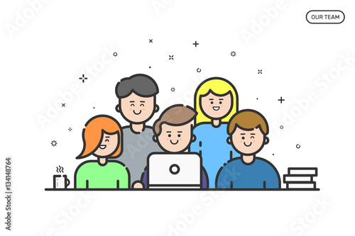 Vector illustration of colored banner in flat line style. Concept of Our Team with people for website and mobile website. Business people teamwork isolated in outline.