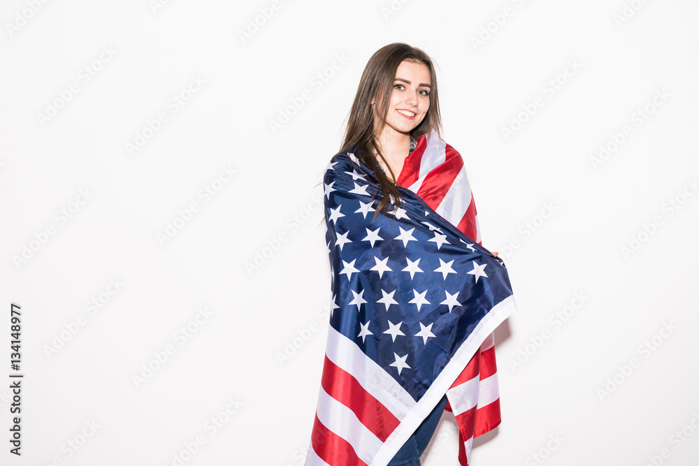 Young girl covered US flag on white Young girl covered US flag on white