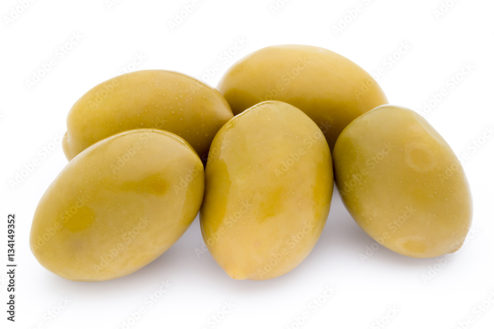 Green big olives on the white background. Green big olives on the white background.