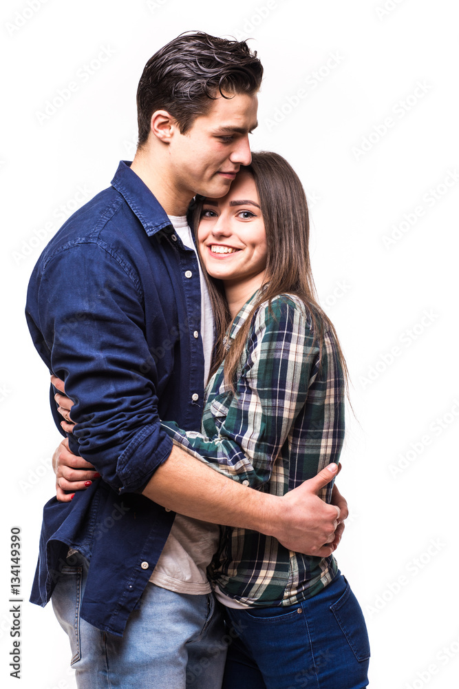 Couple hugging on white background