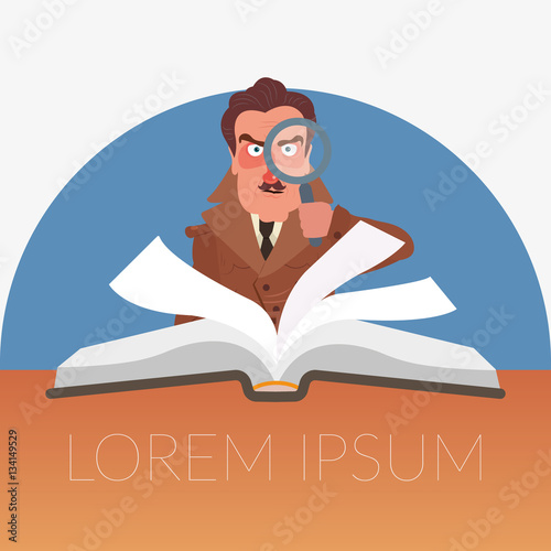 Book with the detective. Detective with a magnifying glass vector illustration