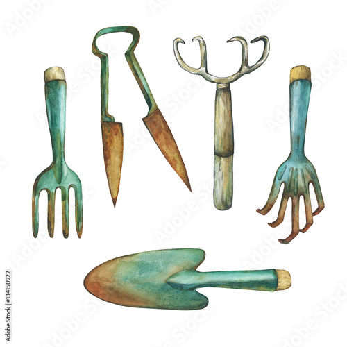 Trowel , shears, hayfork and other paraphernalia necessary for garden improvements. Hand drawn watercolor painting on white background. photo