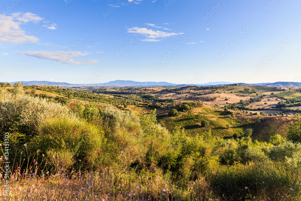View of a tuscan fields and hills in Maremma region