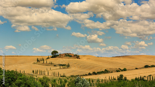 View of house with cypress trees in a field in the tuscan region