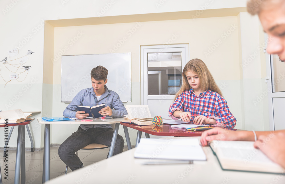 Attentive pupils absorbedly studying at class Attentive pupils absorbedly studying at class