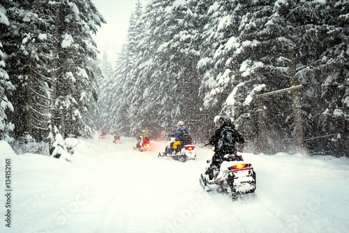 Snow mobile in blizzard through the woods and forest