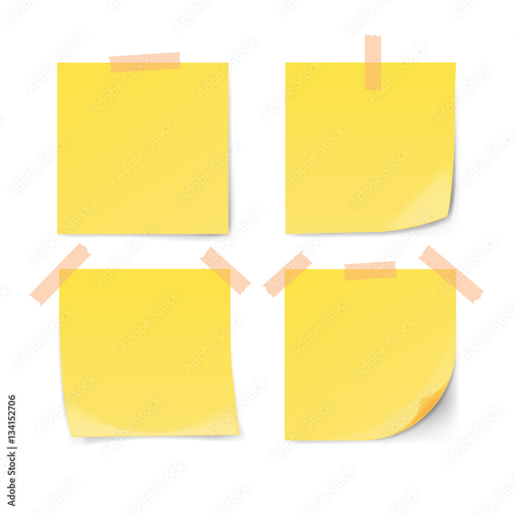 Yellow sticky note with adhesive tape isolated on white background. Vector illustration.