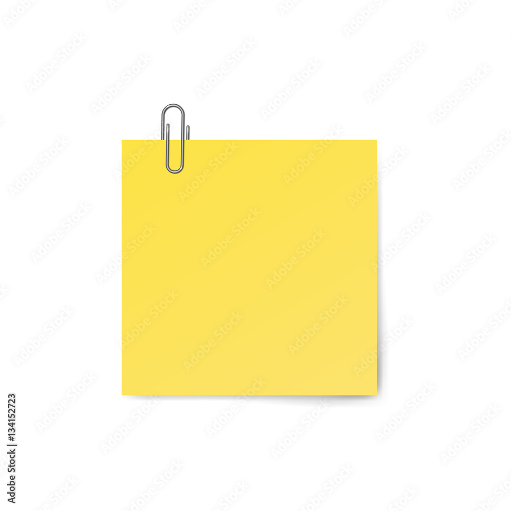 Yellow sticky note with paper clip isolated on white background. Vector illustration. Yellow sticky note with paper clip isolated on white background. Vector illustration.