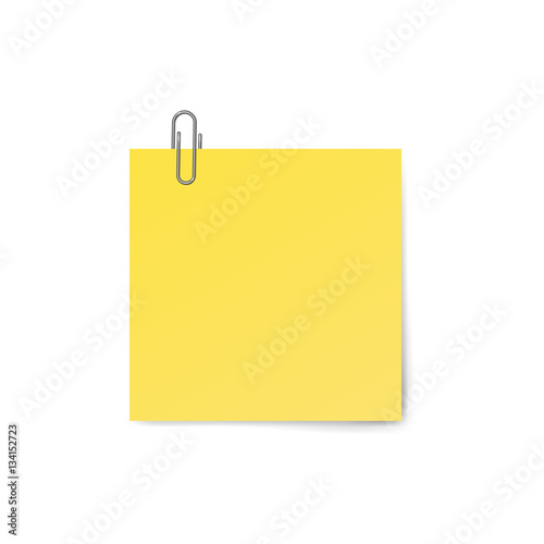 Yellow sticky note with paper clip isolated on white background. Vector illustration.