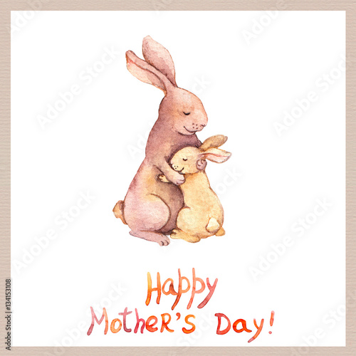 Card for Mothers day with cute animal - mother rabbit embrace her adorable kid. Aquarelle art © zzorik
