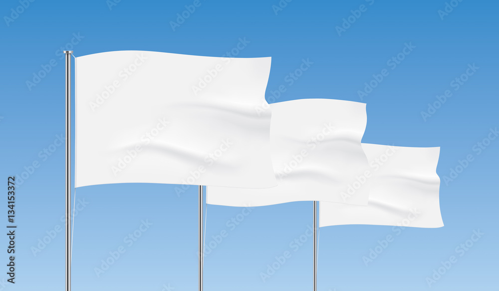 Fototapeta premium Perspective row of white flags. Waving flag vector templates. Advertising flags realistic mockup.