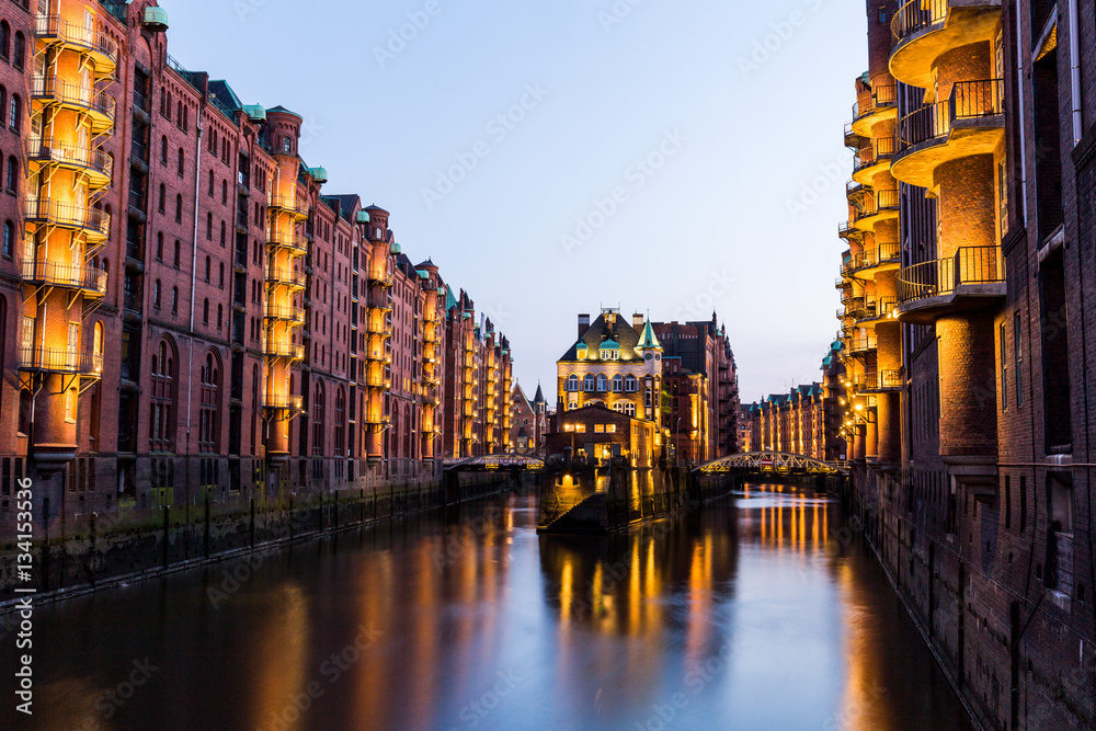 View of the Speicherstadt, also called Hafen City,  in Hamburg,